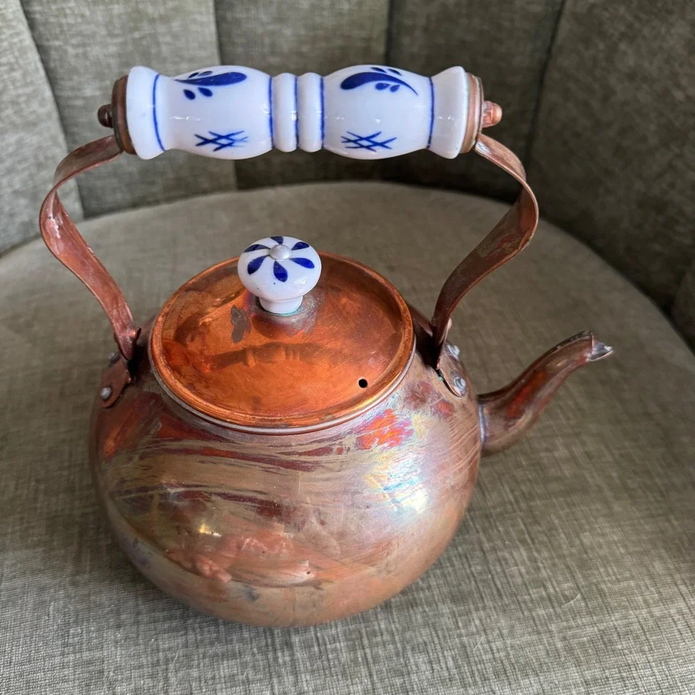 Vintage Copper Tea Kettle Blue White Ceramic Handle Cottagecore Farmhouse BOHO